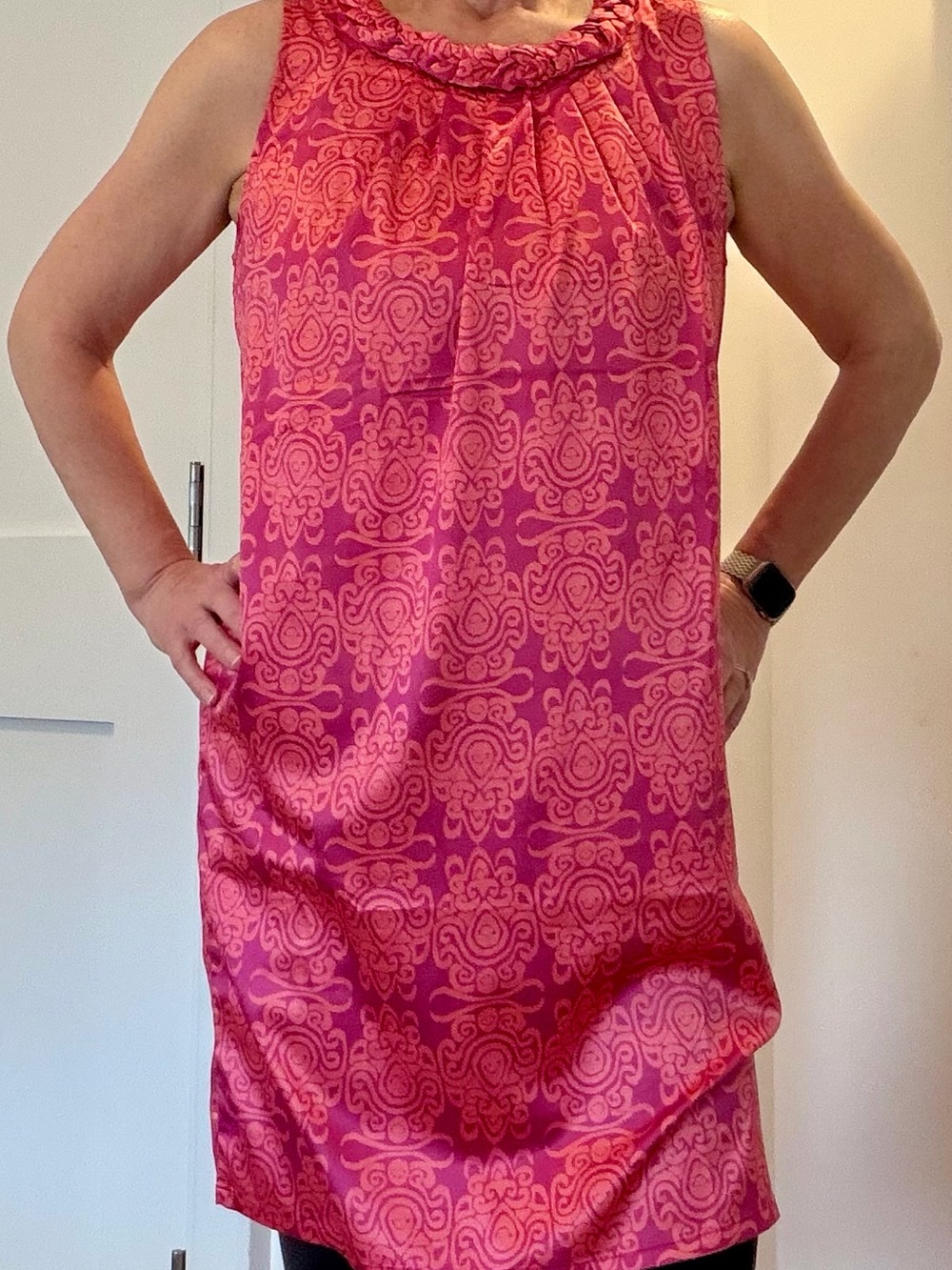 Orange & Pink Silk Dress with braided neck line